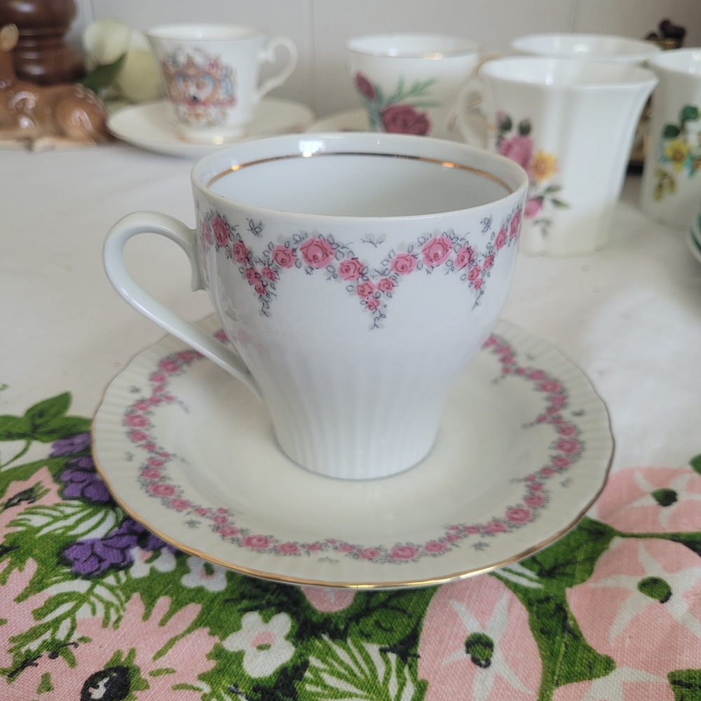 Floral White and Pink Teacup and Saucer Set Germany